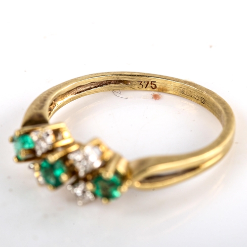 684 - A modern 9ct gold emerald and diamond dress ring, set with round-cut emeralds and single-cut diamond... 