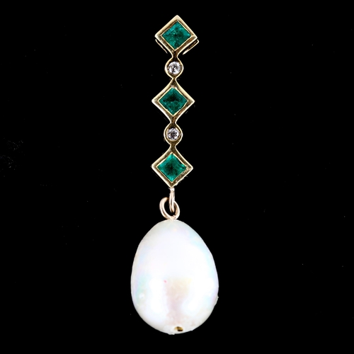 685 - A modern 9ct gold emerald pearl and diamond drop pendant, set with square-cut emeralds and round bri... 