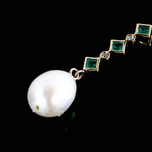 685 - A modern 9ct gold emerald pearl and diamond drop pendant, set with square-cut emeralds and round bri... 