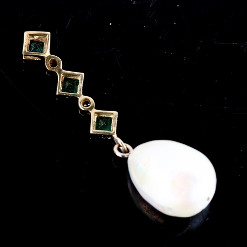 685 - A modern 9ct gold emerald pearl and diamond drop pendant, set with square-cut emeralds and round bri... 