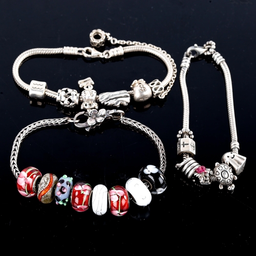 687 - 3 modern silver charm bracelets, with 19 charms total, bracelet lengths 17cm, 18cm and 19cm, 87.8g t... 