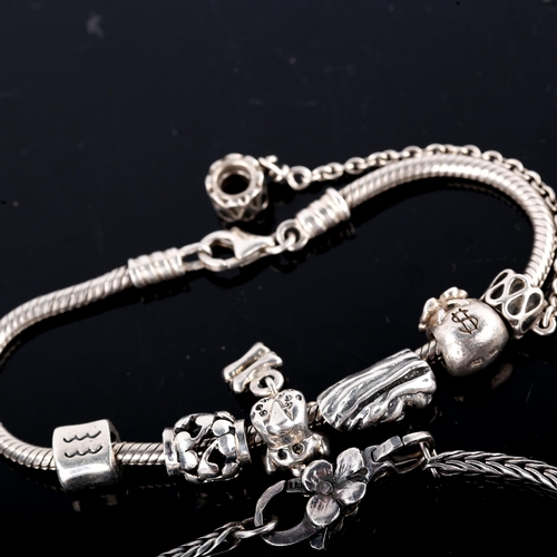 687 - 3 modern silver charm bracelets, with 19 charms total, bracelet lengths 17cm, 18cm and 19cm, 87.8g t... 