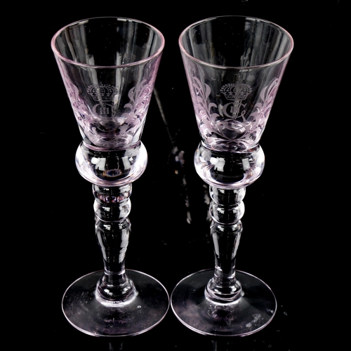 275 - A pair of George III thistle-shaped glasses, with etched monograms, height 13.5cm