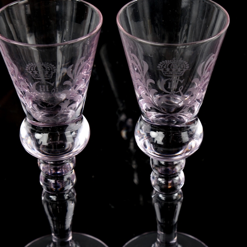 275 - A pair of George III thistle-shaped glasses, with etched monograms, height 13.5cm