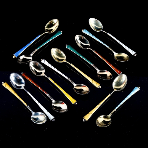 696 - EGON LAURIDSEN - 14 Danish vermeil sterling silver and harlequin enamel coffee spoons, length 9.5cm ... 