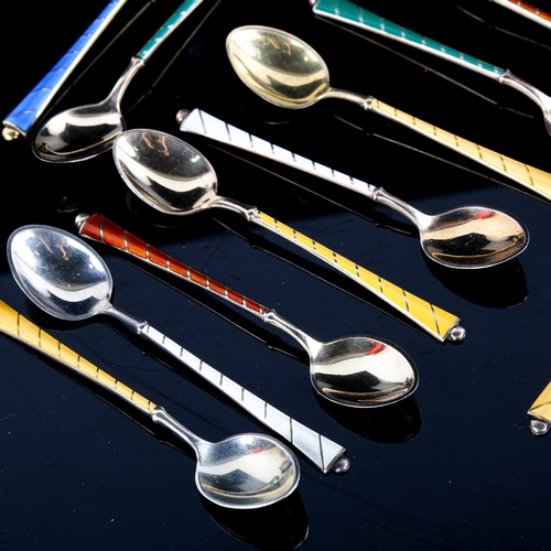 696 - EGON LAURIDSEN - 14 Danish vermeil sterling silver and harlequin enamel coffee spoons, length 9.5cm ... 