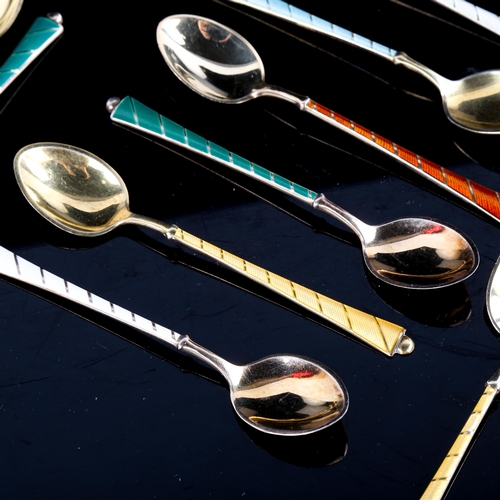 696 - EGON LAURIDSEN - 14 Danish vermeil sterling silver and harlequin enamel coffee spoons, length 9.5cm ... 