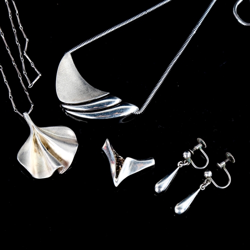 698 - Various Vintage Danish silver jewellery, including fold pendant necklaces by Jens Johs Aagaard etc, ... 