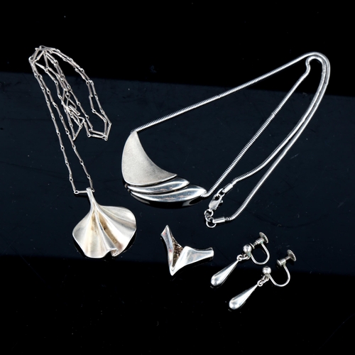 698 - Various Vintage Danish silver jewellery, including fold pendant necklaces by Jens Johs Aagaard etc, ... 