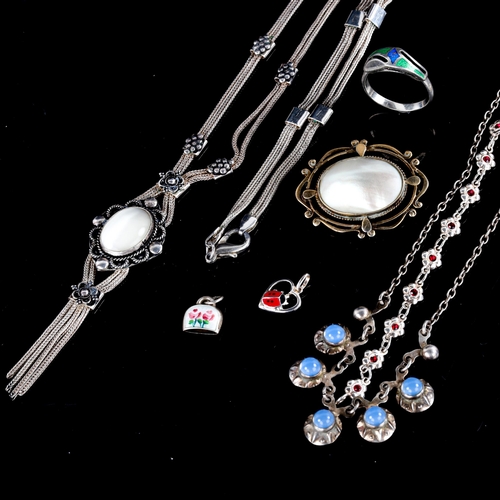 710 - Various Danish silver jewellery, including Hermann Siersbol moonstone necklace, enamel charms etc