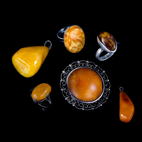 711 - Various Danish Baltic and butterscotch amber jewellery, including rings, pendant and brooch, 34.9g g... 