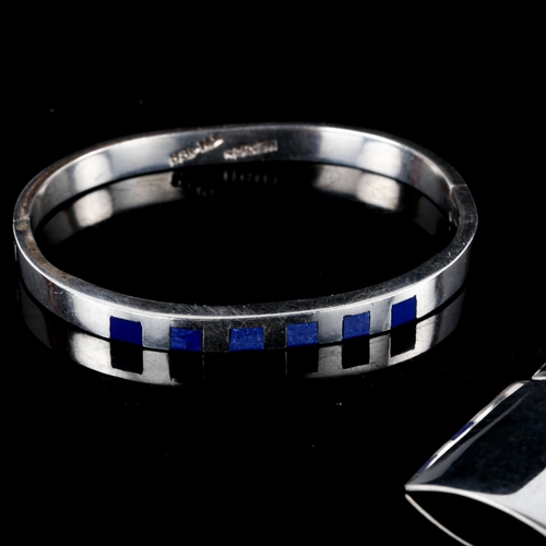 713 - A Mexican sterling silver and blue enamel bracelet, and a modern stylised silver pendant necklace, 4... 