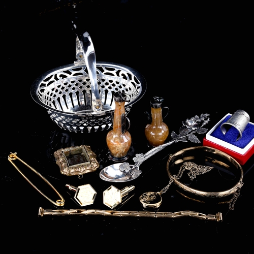 714 - Various silver, collectables and jewellery, including miniature swing-handled basket, silver thimble... 