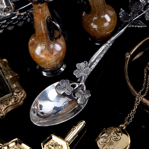 714 - Various silver, collectables and jewellery, including miniature swing-handled basket, silver thimble... 