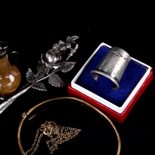 714 - Various silver, collectables and jewellery, including miniature swing-handled basket, silver thimble... 