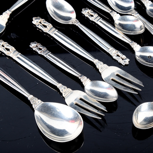 721 - GEORG JENSEN - a set of Danish Acorn/Konge pattern sterling silver cutlery, comprising 6 x pastry fo... 