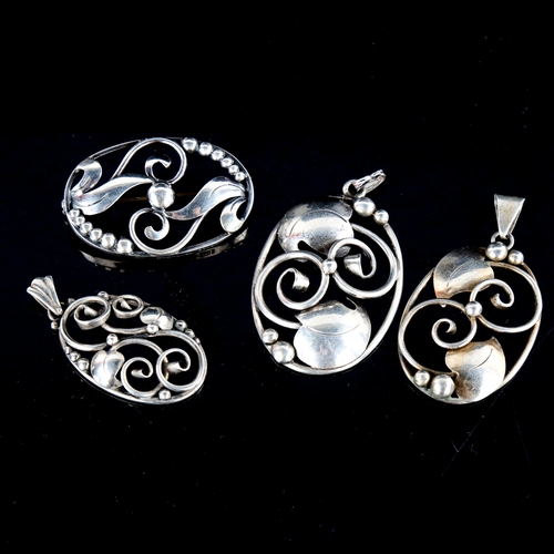 723 - 4 pieces of Vintage Danish stylised silver jewellery, comprising 3 pendants and 1 brooch, makers inc... 