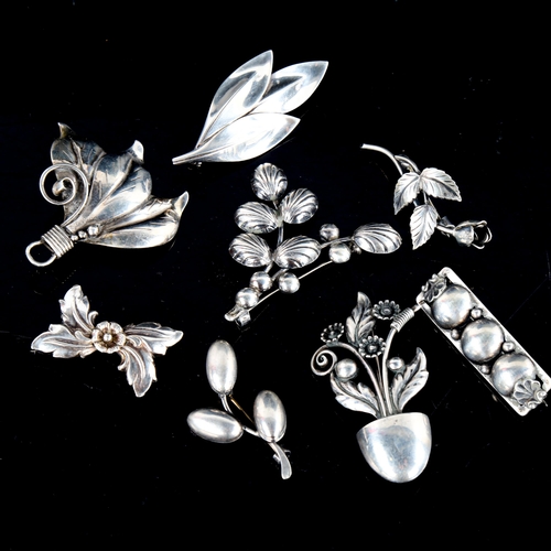 724 - 8 Vintage Danish stylised silver leaf brooches, makers include Hermann Siersbol and John Lauridsen, ... 