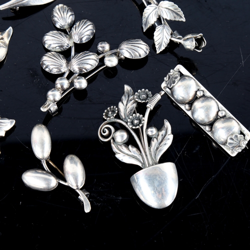 724 - 8 Vintage Danish stylised silver leaf brooches, makers include Hermann Siersbol and John Lauridsen, ... 