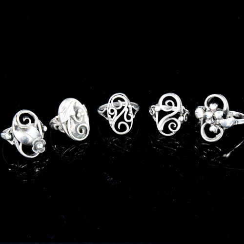 725 - 5 Vintage Danish stylised silver openwork rings, 17.5g total (5)