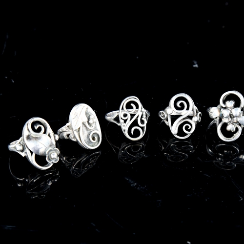 725 - 5 Vintage Danish stylised silver openwork rings, 17.5g total (5)