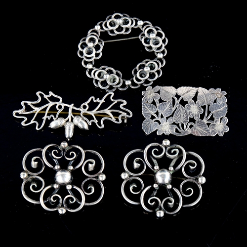 726 - 5 Vintage Danish stylised silver openwork brooches, makers include Anton Michelsen, Hermann Siersbol... 