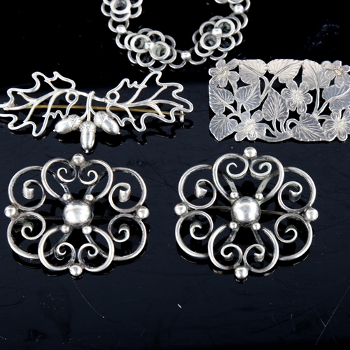 726 - 5 Vintage Danish stylised silver openwork brooches, makers include Anton Michelsen, Hermann Siersbol... 