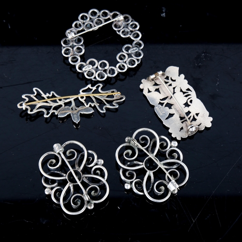 726 - 5 Vintage Danish stylised silver openwork brooches, makers include Anton Michelsen, Hermann Siersbol... 