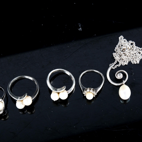 727 - Various Danish stylised silver and pearl jewellery, including oxidised tube pendant necklace, rings ... 