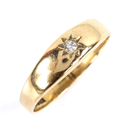 730 - A late 20th century 9ct gold solitaire diamond gypsy ring, set with 0.02ct modern round brilliant-cu... 