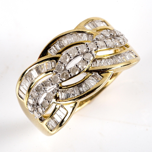 731 - A modern 9ct gold diamond cluster dress ring, set with baguette and single-cut diamonds, 11.5mm, siz... 