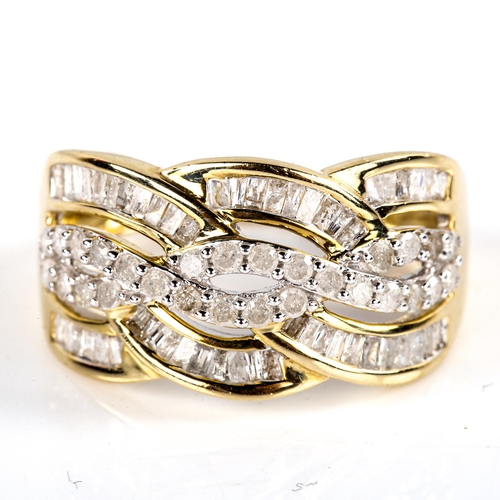 731 - A modern 9ct gold diamond cluster dress ring, set with baguette and single-cut diamonds, 11.5mm, siz... 