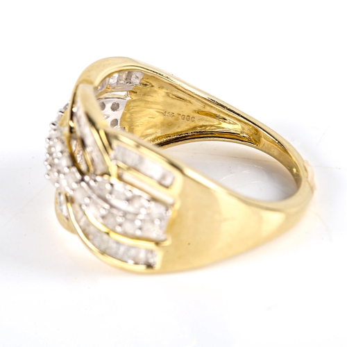 731 - A modern 9ct gold diamond cluster dress ring, set with baguette and single-cut diamonds, 11.5mm, siz... 