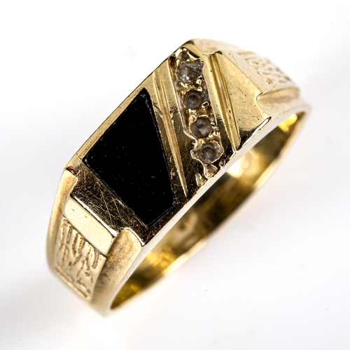 736 - A late 20th century 14ct gold black onyx and cubic zirconia signet ring, setting height 8.4mm, size ... 