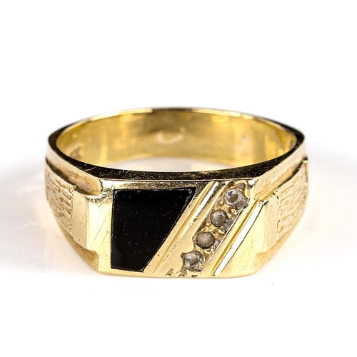 736 - A late 20th century 14ct gold black onyx and cubic zirconia signet ring, setting height 8.4mm, size ... 