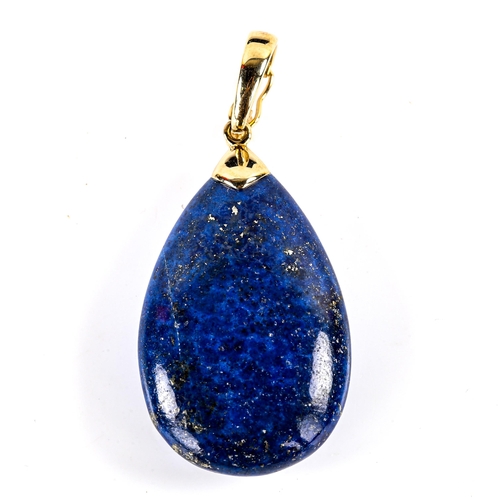 737 - A modern 9ct gold polished teardrop lapis lazuli pendant, pendant height 45mm, 10.2g