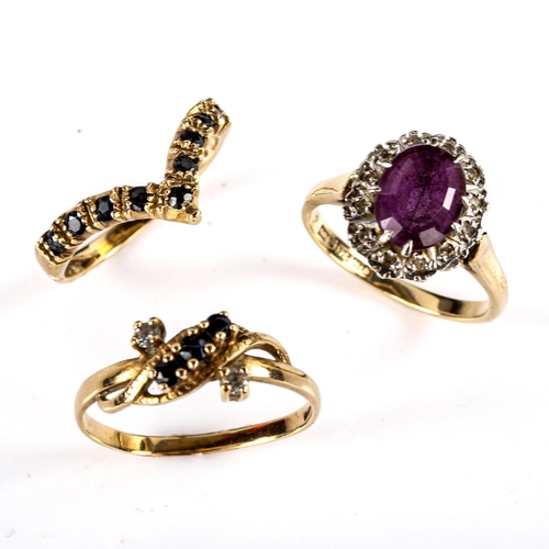 739 - 3 x 9ct gold gem set dress rings, sizes L, M and Q, 6.5g total (3)