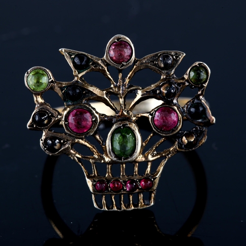 742 - A 19th century German silver-gilt gem set giardinetto ring, basket of flowers set with peridot ruby ... 