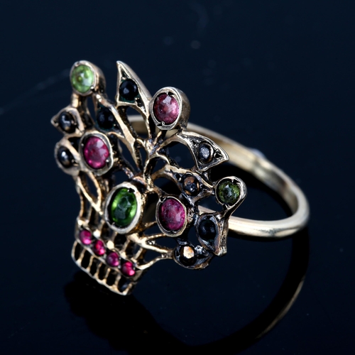 742 - A 19th century German silver-gilt gem set giardinetto ring, basket of flowers set with peridot ruby ... 