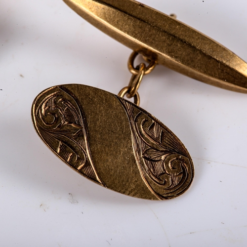 744 - A pair of early 20th century 9ct gold oval panel cufflinks, engraved foliate decoration, hallmarks B... 