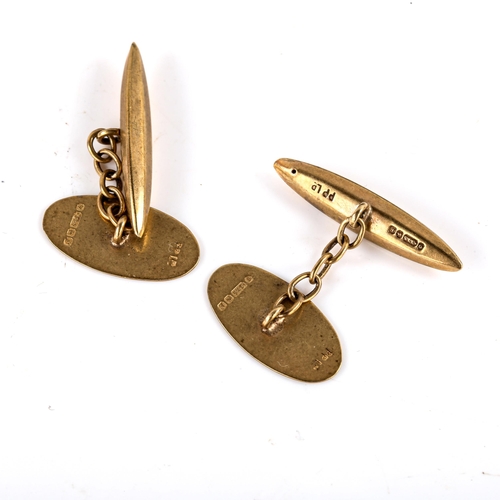 744 - A pair of early 20th century 9ct gold oval panel cufflinks, engraved foliate decoration, hallmarks B... 