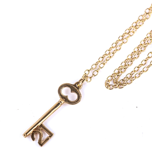 745 - A late 20th century 9ct gold 21st birthday key pendant necklace, on 9ct chain, pendant height 26.4mm... 