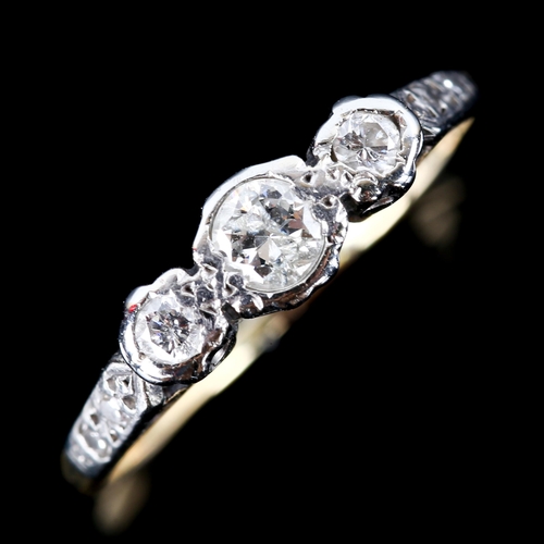 746 - A mid-20th century 18ct gold 3-stone diamond ring, set with round brilliant-cut diamonds, total diam... 