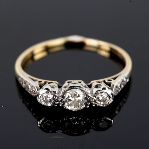 746 - A mid-20th century 18ct gold 3-stone diamond ring, set with round brilliant-cut diamonds, total diam... 