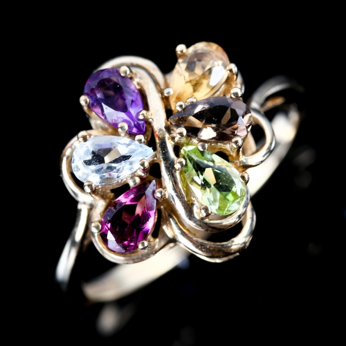 747 - A modern 9ct gold gem set dress ring, gemstones include amethyst peridot citrine smoky quartz etc, s... 