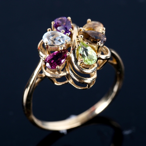 747 - A modern 9ct gold gem set dress ring, gemstones include amethyst peridot citrine smoky quartz etc, s... 