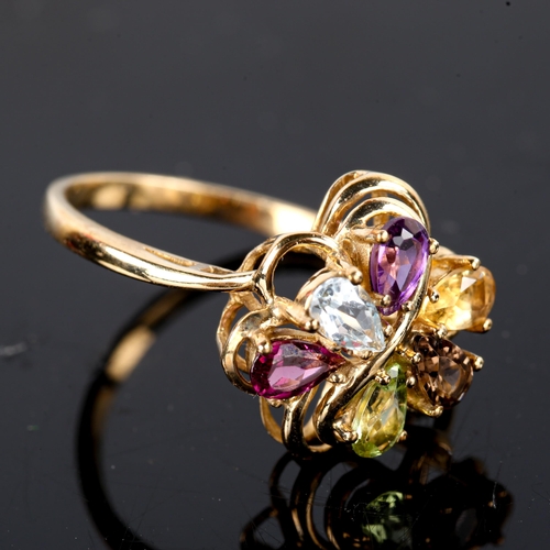 747 - A modern 9ct gold gem set dress ring, gemstones include amethyst peridot citrine smoky quartz etc, s... 