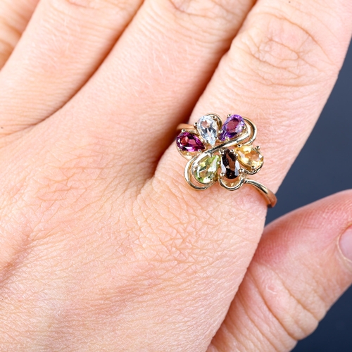 747 - A modern 9ct gold gem set dress ring, gemstones include amethyst peridot citrine smoky quartz etc, s... 