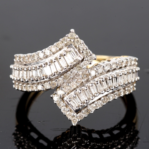 748 - A modern 9ct gold diamond cluster crossover ring, set with baguette and single-cut diamonds, total d... 