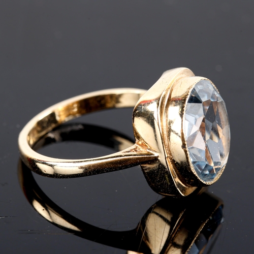 749 - A late 20th century 9ct gold blue topaz dress ring, bezel set with oval mixed-cut topaz, hallmarks B... 